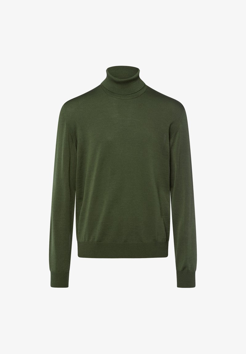Grüner Rollkragenpullover aus gestricktem Stoff mit gerippten Bündchen und Saum. Verfügt über eine enganliegende Silhouette mit einer glatten Textur.