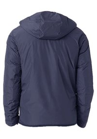 Navyblå isolerad jacka med huva, har en slät yta, elastiska ärmslut och en rak nederkant för bekväm användning.