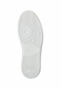 Semelle de chaussure en caoutchouc blanc avec un motif de semelle en chevron, des accents ronds et ovales, une texture lisse et une marque gravée.