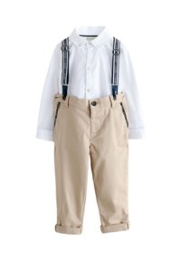 White long-sleeve shirt with a collar, paired with khaki trousers featuring adjustable blue and white striped suspenders. Clean design, no patterns.