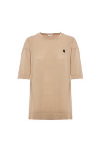 Maglione beige a maniche corte in un morbido tessuto a maglia, con scollatura rotonda e un piccolo logo nero sul lato sinistro del petto.