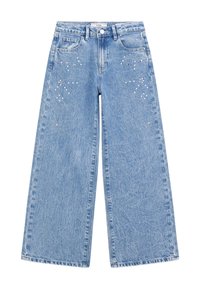 Light blue wide-leg jeans with a faded texture, featuring decorative embellishments, including silver studs and rhinestones on the front.
