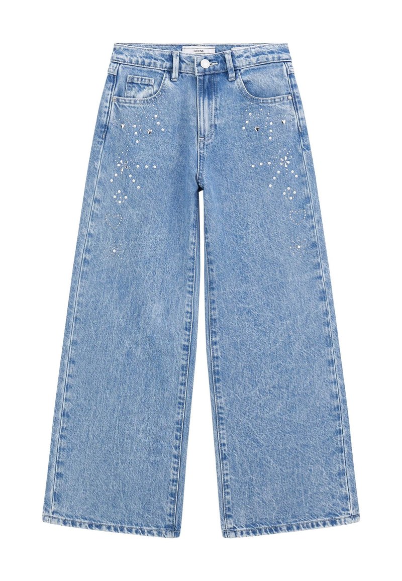 Light blue wide-leg jeans with a faded texture, featuring decorative embellishments, including silver studs and rhinestones on the front.