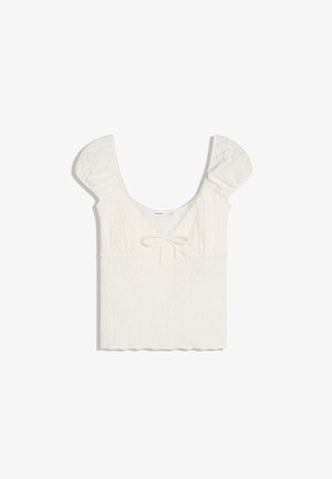 Witte getextureerde cropped top met korte pofmouwen, een ronde hals en een klein strikdetail aan de voorkant.