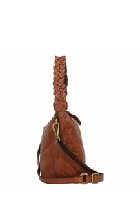 Borsa a spalla in pelle marrone con manico intrecciato, forma elegante e tracolla regolabile con dettagli in oro.