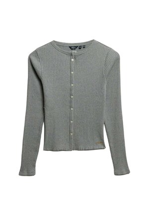 Grau gerippter Cardigan mit langen Ärmeln, rundem Ausschnitt und Knopfleiste. Abgerundet mit einem kleinen goldenen Akzentlogo am Saum.