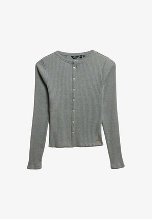 Grijze geribbelde cardigan met lange mouwen, ronde hals en knoopsluiting aan de voorkant. Afgewerkt met een klein gouden accentlogo aan de zoom.