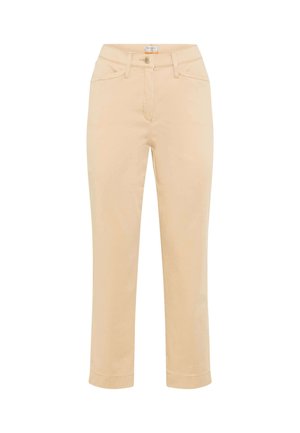 Beige bukser med lige ben, forlommer, bæltestropper og lukning med knap og lynlås foran.