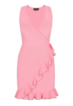 Rožinė be rankovių apjuosta suknelė su V formos iškirpte, volanų apačia ir sidabriniais karoliukais, kurie puošia volanus, pagaminta iš glotnaus, elastingo audinio.