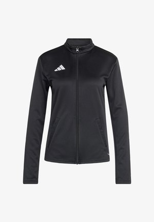 Black athletic jacket with a zip front, high collar, two side pockets, and a white Adidas logo on the left chest area. Smooth texture.