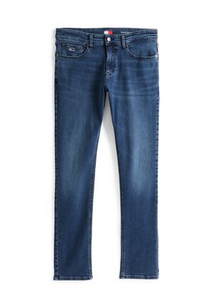Dunkelblaue Denim-Jeans mit schlankem Schnitt, fünf Taschen, einem Reißverschluss mit Knopfverschluss und dezenten Ausbleichungen an den Beinen.