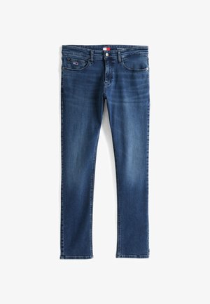 Sötétkék denim farmernadrág, karcsú fazonban, öt zsebbel, cipzáras középkivágással és gombos zárással, valamint enyhe kopással a lábakon.