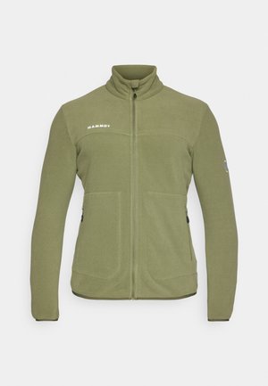 Olive green fleece jacket with a high collar, zip closure, two front pockets, and logo on the chest. Smooth texture, relaxed fit.