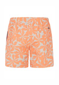 Korte zwembroek in oranje met witte bladerenpatronen, elastische tailleband en een achterzak. Gemaakt van lichtgewicht, ademende stof.