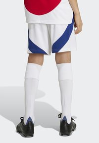 Vita shorts med en blå design, matchade med vita knästrumpor och svarta fotbollsskor. Strumporna har en blå accent upptill.