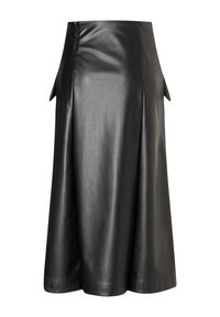 Schwarze Lederrock mit einer eleganten, glatten Textur, seitlichem Schlitz und tailliertem Bund. Das Design ist knielang und maßgeschneidert.