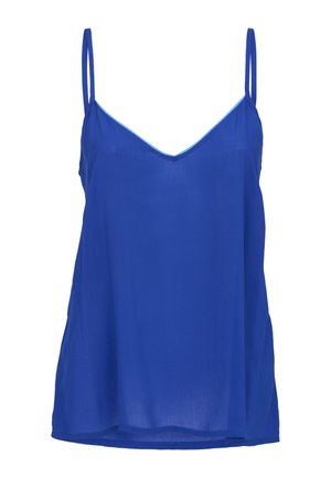 Blaues ärmelloses Damen-Camisole-Top mit dünnen Trägern und V-förmigem Ausschnitt.