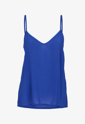 Blaues ärmelloses Damen-Camisole-Top mit dünnen Trägern und V-förmigem Ausschnitt.