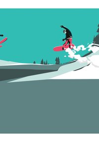 Deux planches de snowboard en rose vif sur un fond turquoise, présentant des figures stylisées en tenues noires et roses réalisant des figures sur des pentes enneigées.