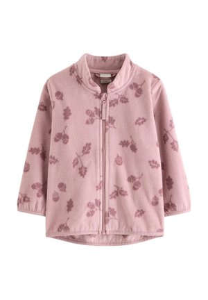 Lyserød fleecejakke med lange ærmer, en frontlynlås og et subtilt mørk pink blomsterprint over hele stoffet.