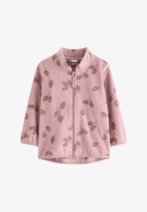 Lyserød fleecejakke med lange ærmer, en frontlynlås og et subtilt mørk pink blomsterprint over hele stoffet.