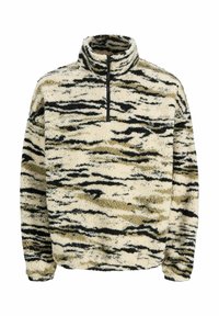 Fleece-Pullover mit halbem Reißverschluss vorne, hohem Kragen und einem schwarz-beigen gestreiften Muster, das an ein Tierdruck erinnert.