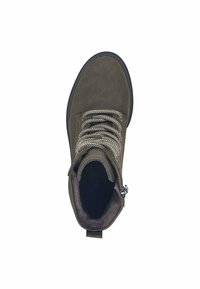 Brown leather ankle boot with a textured finish, flat rubber sole, and contrasting laces, featuring a zip closure on the side.