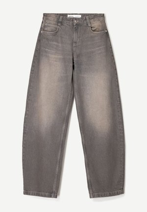 Grijze spijkerbroek met wijde pijpen, gemaakt van denim, met subtiele vervaging, vijf zakken, riemlussen en een knoopsluiting bij de taille.