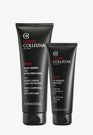 Dwie czarne tubki do pielęgnacji skóry Collistar Milano: 250 ml 3-w-1 żelu pod prysznic i szamponu do ciała oraz 125 ml oczyszczającego żelu do mycia twarzy.