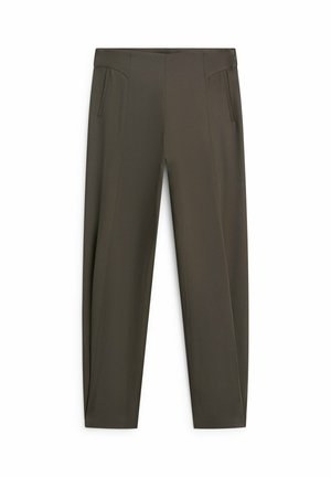 Dunkelolivgrüne gerade geschnittene Hose mit Seitentaschen und einem sauberen Bund, flach auf weißem Hintergrund dargestellt.