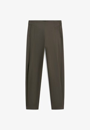 Dunkelolivgrüne gerade geschnittene Hose mit Seitentaschen und einem sauberen Bund, flach auf weißem Hintergrund dargestellt.