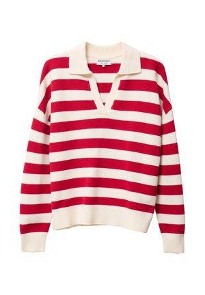 Suéter de punto a rayas rojas y crema con cuello en V y mangas largas. Textura suave, corte holgado y ribete acanalado en contraste.