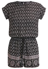 Combinaison noire à manches courtes avec des motifs floraux et géométriques blancs complexes, taille élastique et cordon noir tressé avec des pompons.