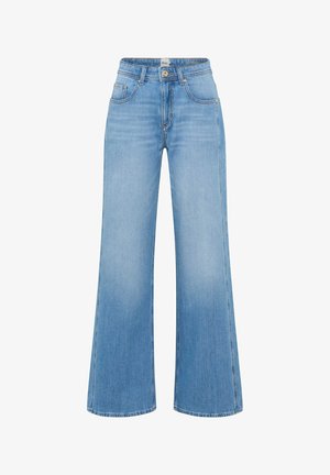 Hellblaue Jeans mit weitem Bein und hoher Taille, aus Denim-Stoff gefertigt. Merkmale sind ein vorderer Knopfverschluss, klassisches Fünf-Taschen-Design und ein gerader Saum.