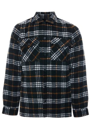 Camisa de franela a cuadros en blanco y negro con detalles en naranja, dos bolsillos en el pecho, cierre de botones en la parte delantera y mangas largas. Textura suave, corte regular.