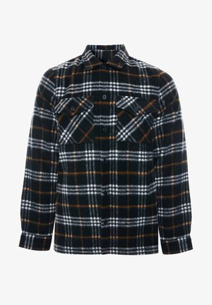 Schwarz-weißer karierten Flanellhemd mit orangefarbenen Akzenten, zwei Brusttaschen, Knopfleiste vorne und langen Ärmeln. Weicher Stoff, reguläre Passform.