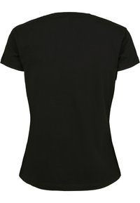 T-shirt en coton noir avec un col rond et des manches courtes. Le dos présente une surface lisse et unie sans motifs ni embellissements.