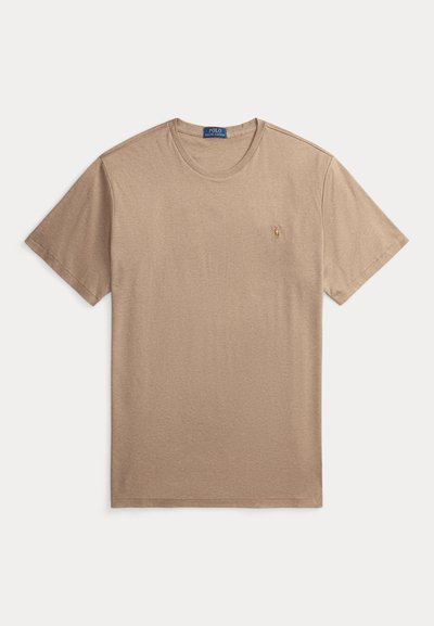 Bézs rövid ujjú kerek nyakú póló, bal mellkason kis hímzett Polo Ralph Lauren logóval.