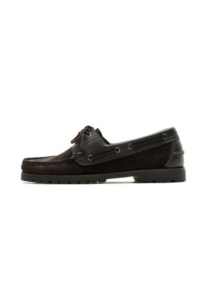 Dark brown leather and suede boat shoe with lace-up front and stitched detailing, displayed in side profile on a white background.