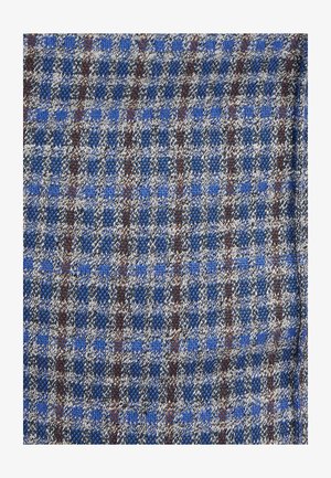 Gewebter Stoff mit einem blauen, braunen und grauen Karomuster, das strukturierte Fäden aufweist. Das Design umfasst kleine Quadrate, die gleichmäßig verteilt sind.