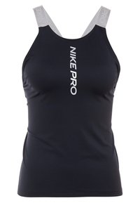 Nike Pro tanktop in donkerblauw, met een strak design, dubbele bandjes en een witte logo-opdruk verticaal aan de voorkant. Gladde stoftextuur.