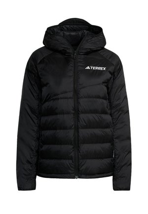 Black puffer jacket with a hood, made of shiny material. Features horizontal quilted sections and a front zipper. TERREX logo on the chest.