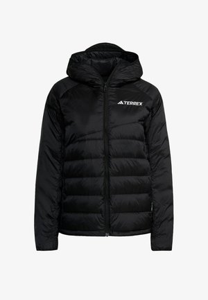 Black puffer jacket with a hood, made of shiny material. Features horizontal quilted sections and a front zipper. TERREX logo on the chest.