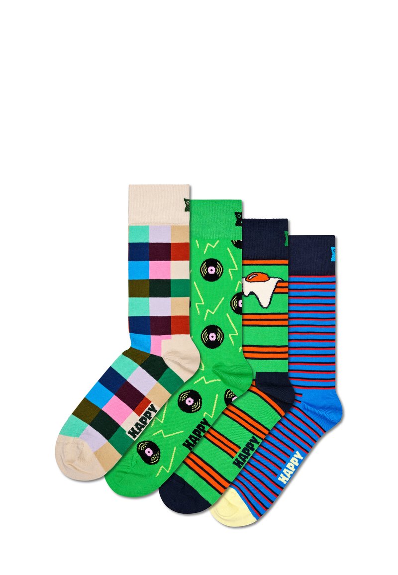 Cztery pary kolorowych skarpet: szachownica, winylowe płyty, jajka i wzory w paski; różne odcienie zieleni, niebieskiego, beżu i innych kolorów.