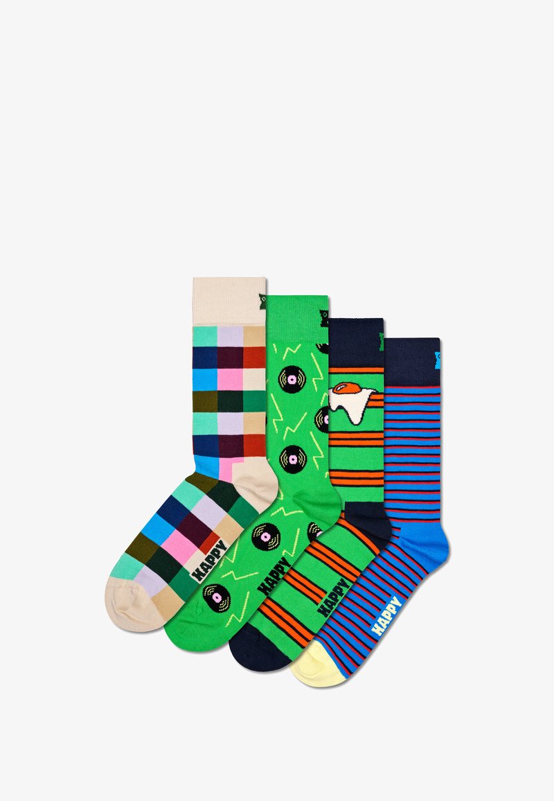 Cztery pary kolorowych skarpet: szachownica, winylowe płyty, jajka i wzory w paski; różne odcienie zieleni, niebieskiego, beżu i innych kolorów.