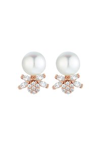 Orecchini a perla con un design floreale, caratterizzati da una grande perla bianca sulla parte superiore e dettagli in cristallo trasparente in un'incastonatura di oro rosa.