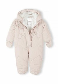 Lichtroze, puffy sneeuwpak met een capuchon, voorzien van geborduurde chevronpatronen, knopen aan de voorkant en geïntegreerde wanten en voetbedekkingen.