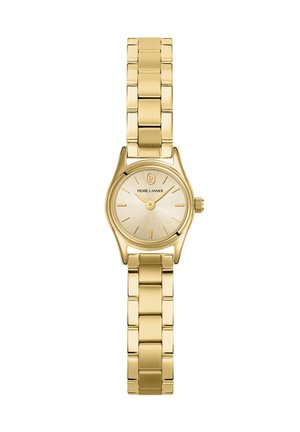 Reloj de pulsera de metal dorado con correa enlazada, esfera redonda, marcadores de hora dorados simples y dos manecillas que muestran las 10:10.