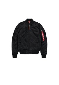 Black bomber jacket made of smooth fabric, featuring a zip closure, ribbed cuffs and hem, side pockets, and a red label detail on the sleeve.