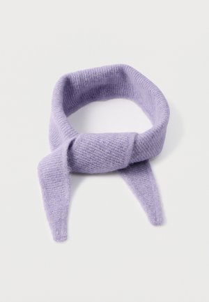 Light purple knitted scarf with a soft texture, featuring two tapered ends tied in a knot at one section. Made of cozy yarn.